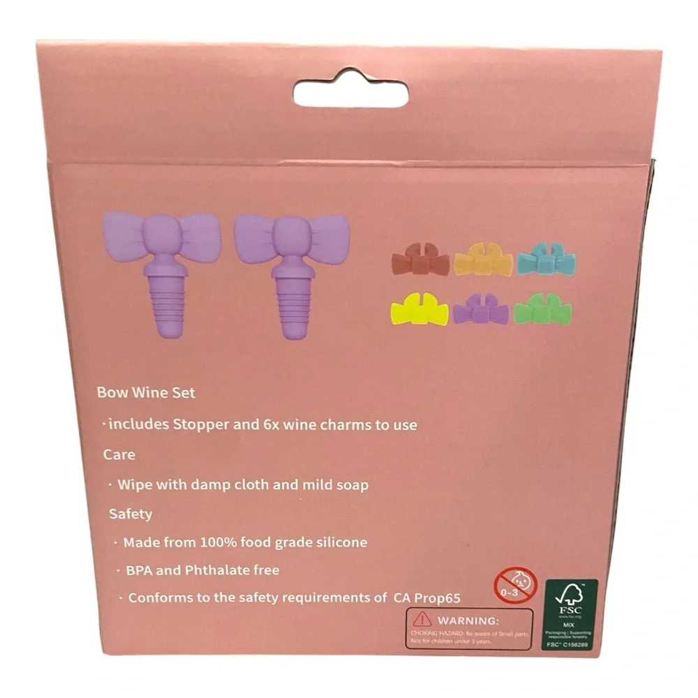 Silicone Wine Glass Charms Set 6 Bow Drink Markers + 2 Bottle Stoppers Wine Gift